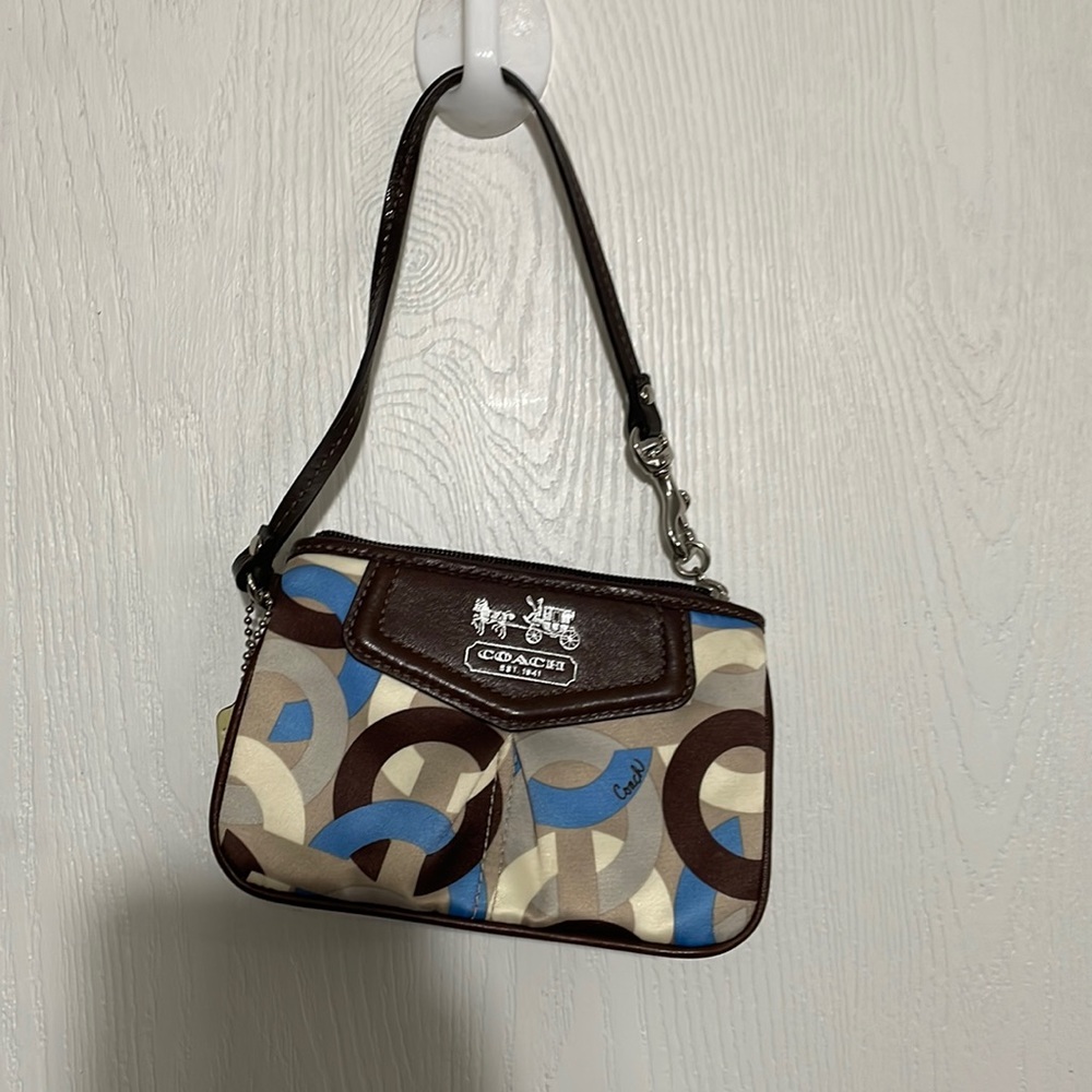 Coach blue brown tan and grey wristlet with coach tag